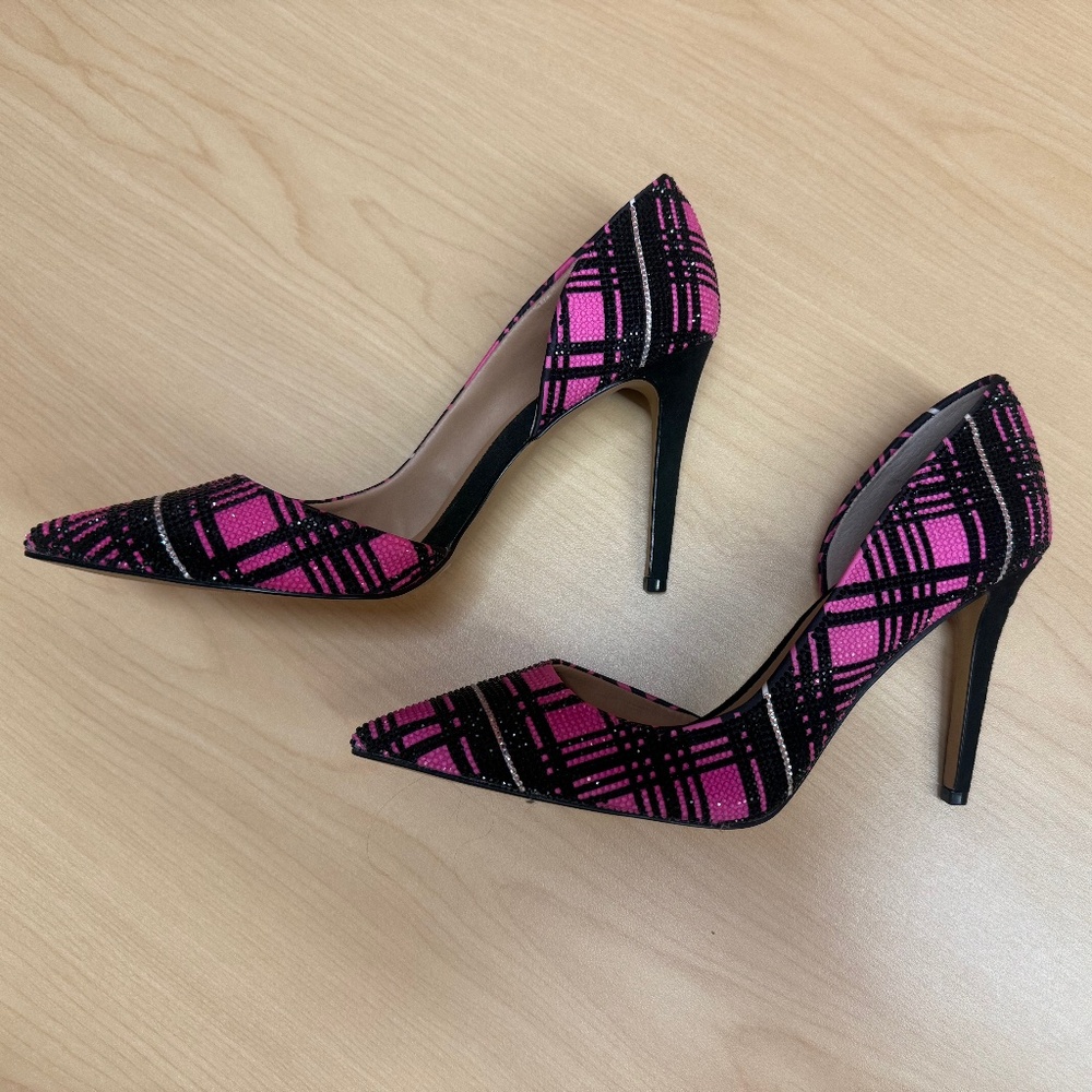 INC Pink & Black Plaid Pointed-Toe Stiletto Heels Size 7 | Chic Statement Pumps